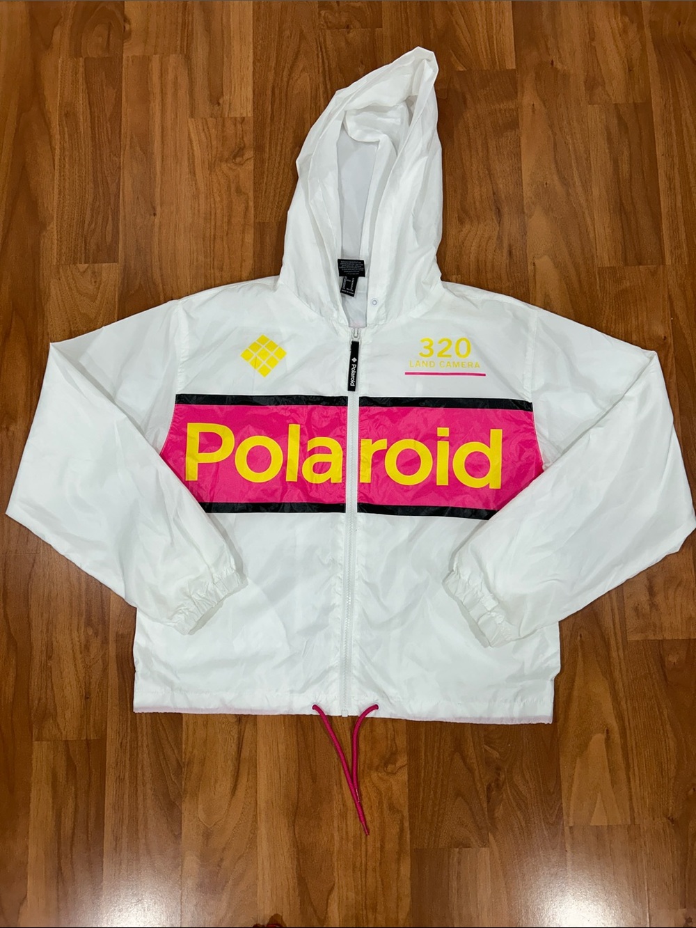 Polaroid Women’s White Hooded Rain Jacket with Pink and Yellow Accents